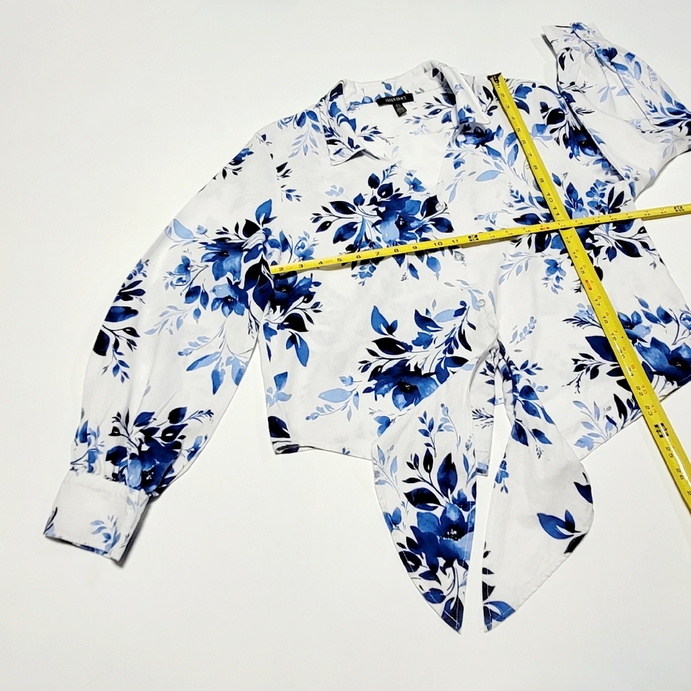 Ellen Tracy White Linen with Blue Floral Print Tie Front Blouse Women's (L) - Picture 11 of 12
